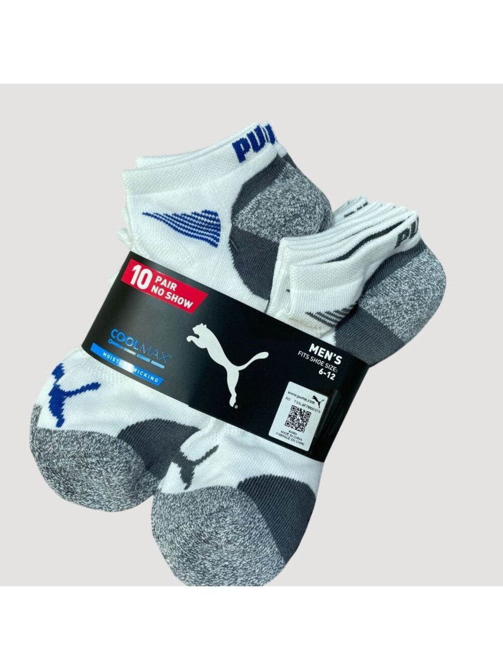 NWT Puma CoolMax Men's 6-12 No Show Socks 10-Pair Shoe White/Gray